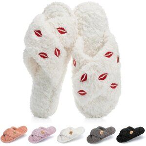 ⚡Women’s White Red Lips Faux Fur Cozy Fuzzy Cross Band Slippers House Shoes
